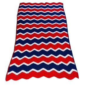 Vtg Blanket 4th July Red Chevron Throw Handmade Afghan Knit Crochet 65 'X 40'